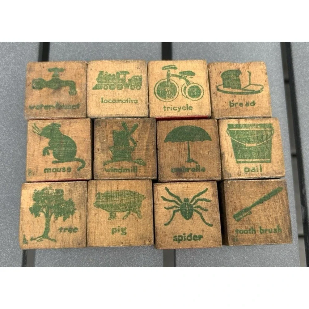 Vintage wood alphabet building blocks letters object animals pictures 1950's